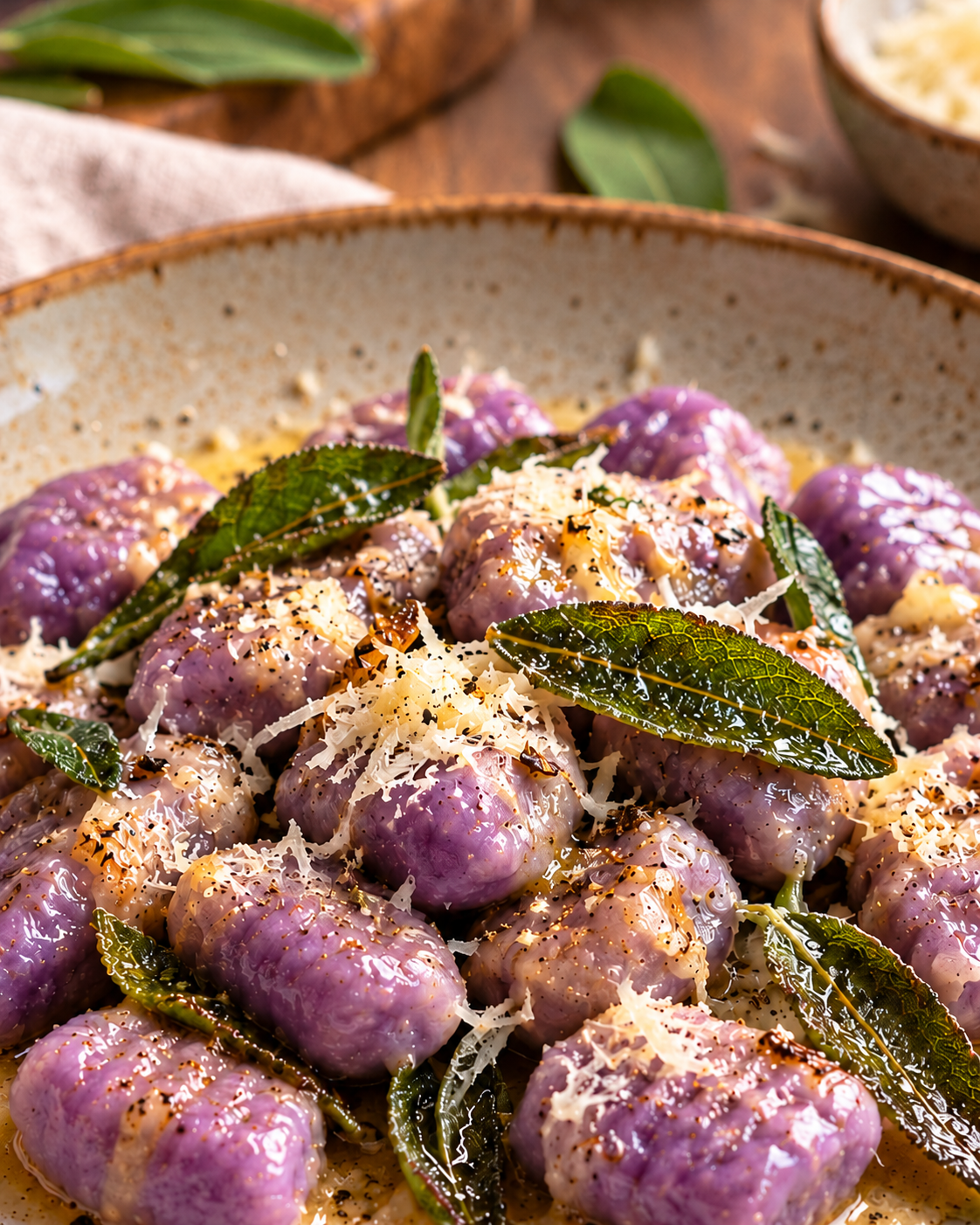 Violette Gnocchi mit Salbeibutter und Parmesan