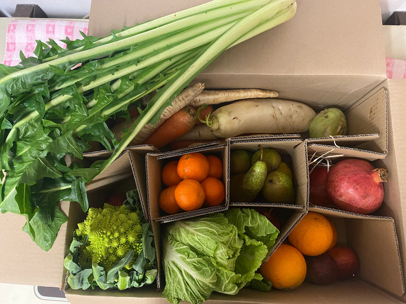 Rübenretter-Box mit Obst und Gemüse zu Hause